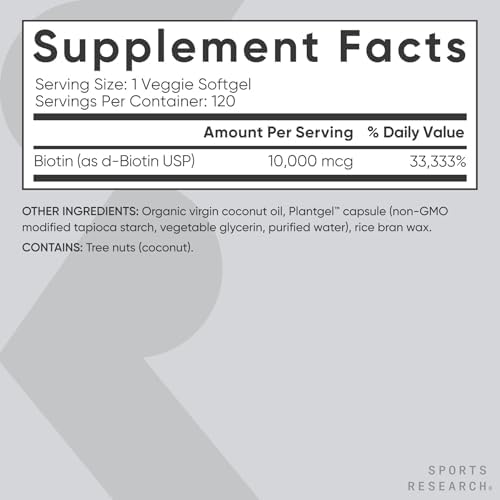 Sports Research® Biotin 10,000mcg w/Coconut Oil, 120 Count Plantgels™|B00T56FQAE