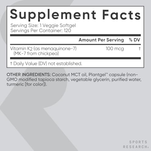Sports Research® Vitamin K2 (MK-7) 100mcg w/Coconut MCT Oil, 120 Count|B0CPNZMG5B