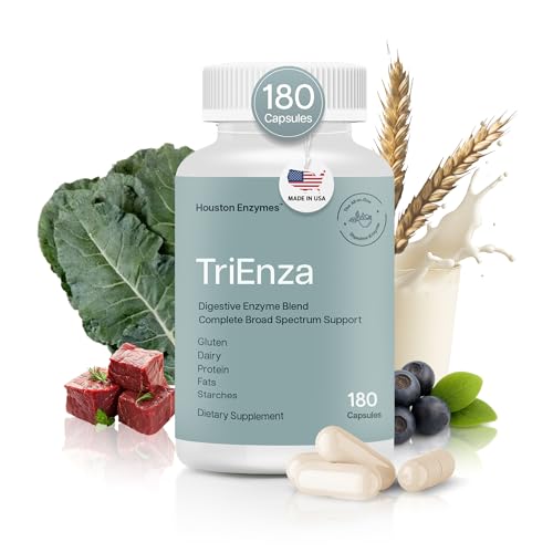 Houston Enzymes TriEnza Digestive Enzymes for Women & Men, Digestive Enzyme Supplements for Proteins, Carbs, Fats & Polyphenols Help Break Down Wheat, Dairy, Soy, 180 Capsules (90 Doses)|B00K61GM7S