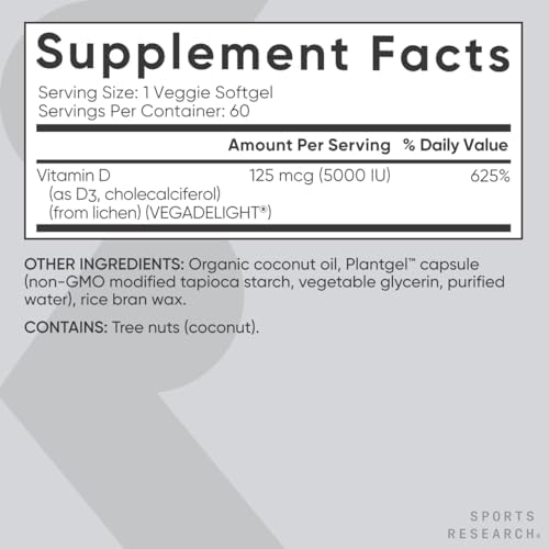 Sports Research® Vegan D3 5000iu/125mcg with Coconut Oil - 60 Plantgels™|B07H8RC4BZ