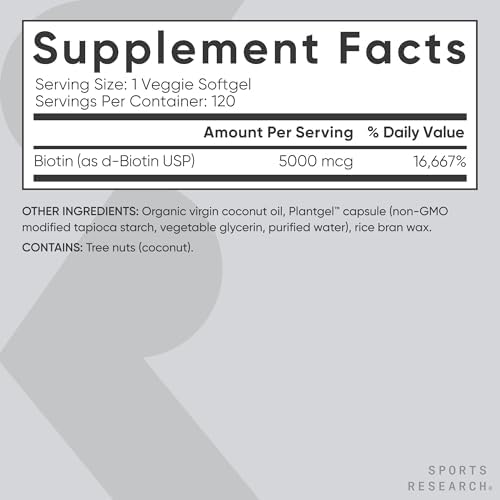 Sports Research® Biotin 5,000mcg w/Coconut Oil, 120 Count Plantgels™|B00IOZWC2M