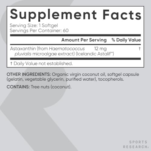Sports Research® Icelandic Astaxanthin 12mg w/Coconut Oil, 60 Softgels|B07V574YYY