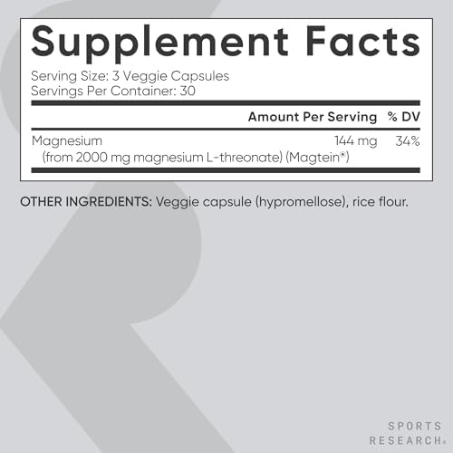 Sports Research® Magnesium L-Threonate 2000mg w/Magtein®, 90 Count|B0B336FCWC