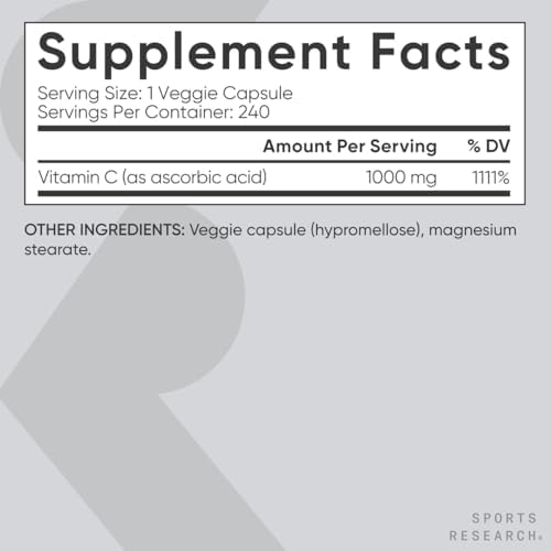 Sports Research® High Potency Vitamin C 1000mg, 240 Count Veggie Capsules|B086PL2D5R
