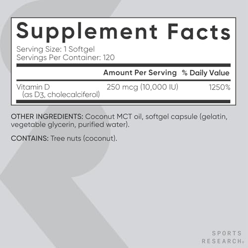 Sports Research® Vitamin D3 10,000iu/250mcg with Coconut Oil, 120 Softgels|B08FLTYVV1