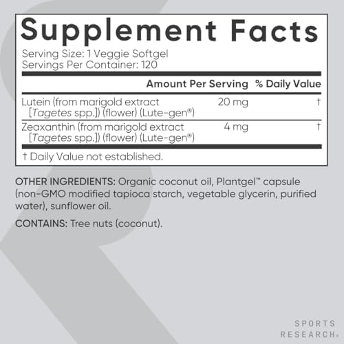 Sports Research® Lutein + Zeaxanthin w/Organic Coconut Oil, 120 Plantgels™|B07DFRQFQT
