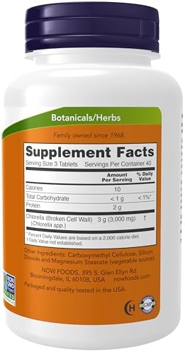 NOW Foods Supplements, Chlorella 1000 mg with naturally occurring Chlorophyll, Beta-Carotene, mixed Carotenoids, Vitamin C, Iron and Protein, 60 Tablets|B0013OXCPW