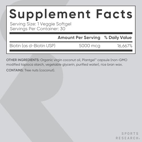 Sports Research® Biotin 5,000mcg w/Coconut Oil, 30 Count Plantgels™|B09XSM2RY7
