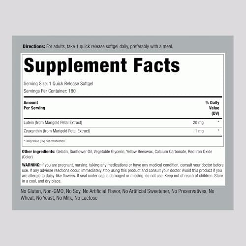 Piping Rock Lutein and Zeaxanthin Supplement | 20mg | 180 Softgels | from Marigold Extract | Non-GMO, Gluten Free|B00F9EYM42