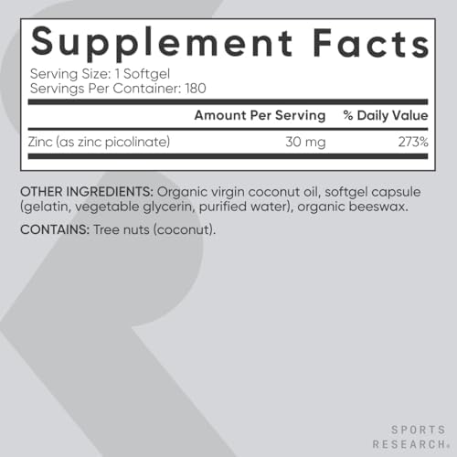 Sports Research® Zinc Picolinate 30mg w/Organic Coconut Oil, 180 Softgels|B0CP6G536R
