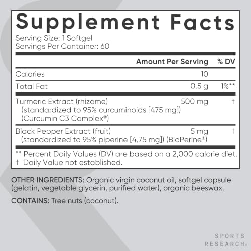 Sports Research® Turmeric Curcumin w/Coconut Oil & BioPerine® - 60 Count|B00JGD44VS