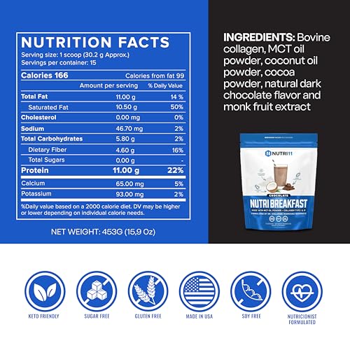 NutriBreakfast by Nutrillermo/Keto Protein Collagen Powder with MCT Oil/MCT Oil Powder/Keto Collagen Peptides with Grass-Fed Bovine Collagen Type I & III (15.9, Chocolate)|B09PGXMDFD