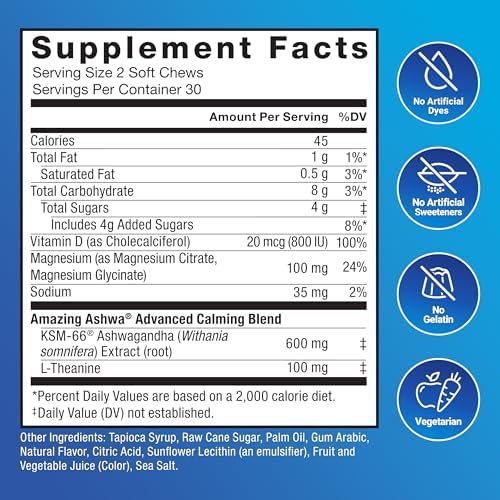 FORCE FACTOR Amazing Ashwa Complete Calm Support with KSM-66 Ashwagandha, Like Ashwangandha Gummies to Promote Calm & Relaxation with Magnesium & L-Theanine, Blueberry Pomegranate, 60 Soft Chews|B0F3YTQZ6B