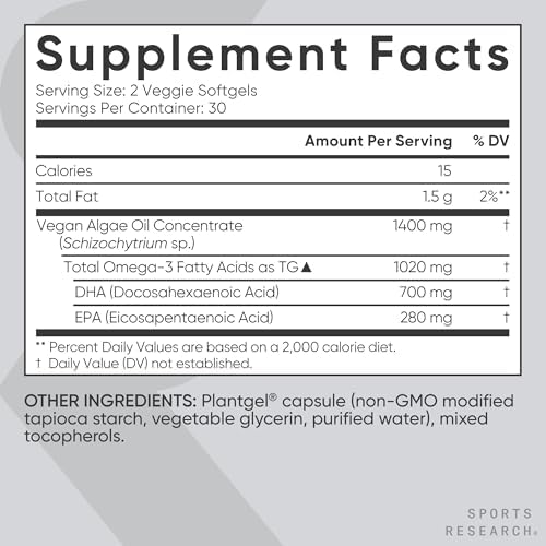 Sports Research® Vegan Omega-3 Algae Oil 1020mg, 60 Count Plantgels™|B0842DJJYC