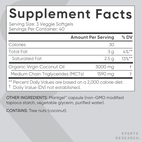 Sports Research® Organic Coconut Oil 3000mg, 120 Softgels|B00JGE0Z1K