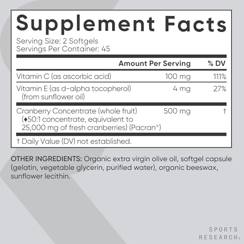 Sports Research® Cranberry Fruit Complex 500mg, 90 Softgels|B018WPVDIC