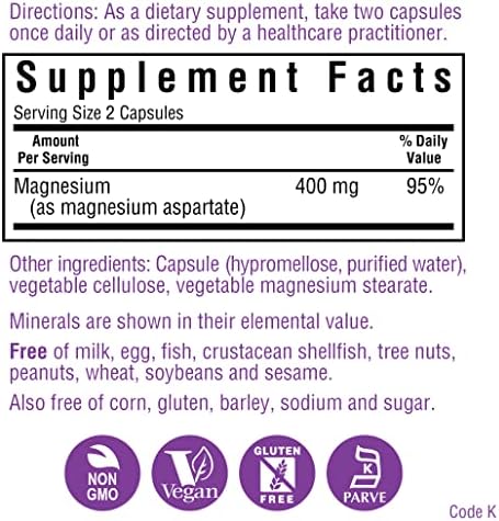 Bluebonnet Nutrition Magnesium 400 mg Chelated Magnesium Aspartate Daily Mineral, Heart & Bone Support* Supplement for Men & Women Vegan, Non-GMO - 200 Vegetable Capsules|B000BCYRRE
