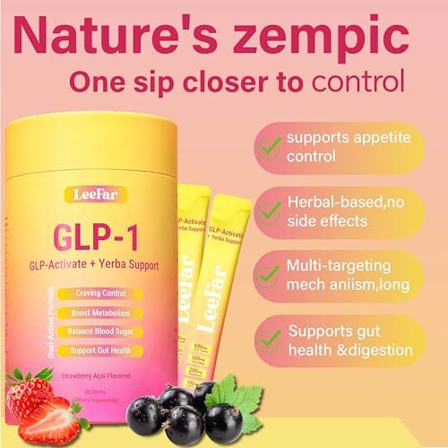 GLP-1 Support Drink Mix with Berberine, 5-HTP, Yerba Mate, Chromium and Prebiotic Fiber, Satiety, Metabolism and Gut Health Support, Strawberry Açaí, 30 Stick Packs|B0H4LX51KL