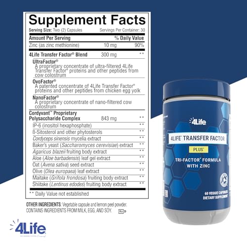 4Life Transfer Factor Plus - Support with Zinc, Super Mushroom Blend (Maitake, Shiitake, Agaricus), and Colostrum & Egg Yolk Extracts - 60 Capsules|B004NNINLI