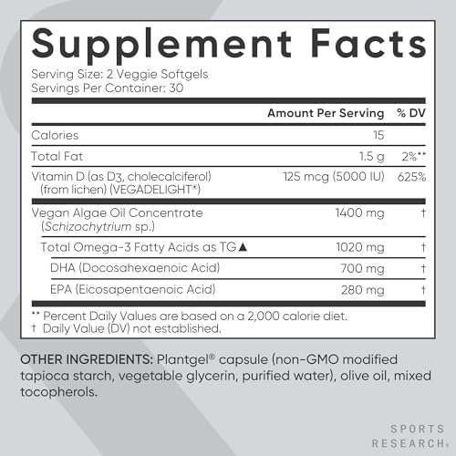 Sports Research® Vegan Omega-3 Algae Oil 1400mg w/Vegan D3 5000iu, 60 Count|B0B4MB6RJD