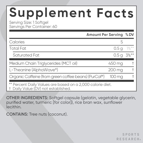 Sports Research® L-Theanine + Caffeine Nootropic Supplement - 60 Softgels|B07MQWJYJ3