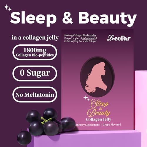 Sleep & Beauty Collagen Jelly, 1800mg Bio-Peptide Collagen, Magnesium Glycinate, L-Theanine & Hyaluronic Acid, Supports Sleep, Skin Hydration & Elasticity, Hair, Skin & Nails, Grape, 15 Sticks|B0H4QHC2Y9