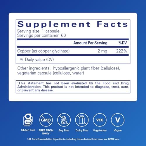 Pure Encapsulations Copper Glycinate 60's - 2 mg Copper Supplement, Supports Red Blood Cell Formation* - Aids Energy Metabolism - Non-GMO & Vegan - 60 Capsules|B000H7Y6J2