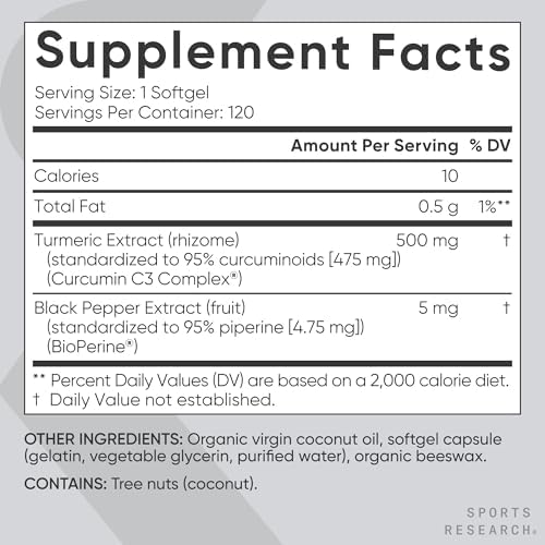 Sports Research® Turmeric Curcumin w/Coconut Oil & BioPerine® - 120 Count|B00A39MPNI