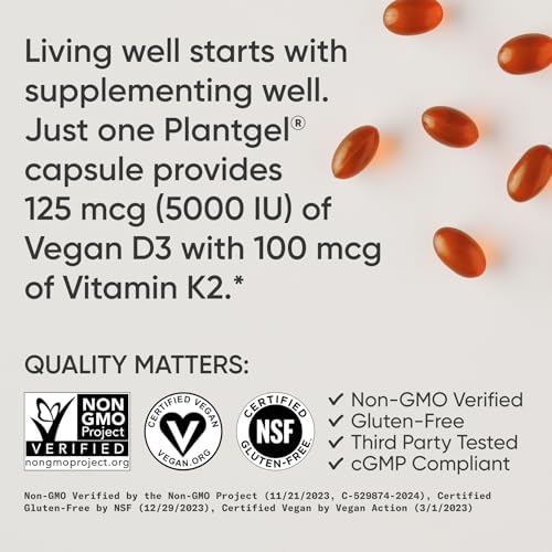 Sports Research® Vegan Vitamin D3 + K2 w/Coconut Oil, 120 Count Plantgels™|B07NXW4GW7