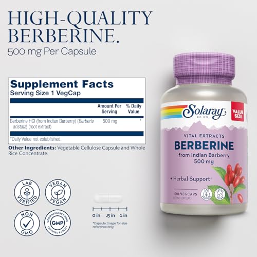 SOLARAY Berberine 500mg - Berberine Supplement for a Healthy, Active Lifestyle - with Berberine HCl from Indian Barberry - Vegan, Non-GMO, 60-Day Guarantee, Lab Verified - 100 Servings, 100 VegCaps|B087YD4LSH