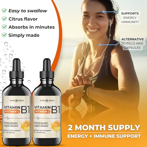 Vitamin B1 + Vitamin C Liquid Drops - Energy & Immune Support Supplement - 2 fl oz (60 ml) Pack of 2 - Fast Absorption, Easy-to-Use|B0CSZ5VJCC