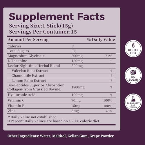 Sleep & Beauty Collagen Jelly, 1800mg Bio-Peptide Collagen, Magnesium Glycinate, L-Theanine & Hyaluronic Acid, Supports Sleep, Skin Hydration & Elasticity, Hair, Skin & Nails, Grape, 15 Sticks|B0H4QHC2Y9