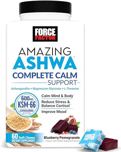 FORCE FACTOR Amazing Ashwa Complete Calm Support with KSM-66 Ashwagandha, Like Ashwangandha Gummies to Promote Calm & Relaxation with Magnesium & L-Theanine, Blueberry Pomegranate, 60 Soft Chews|B0F3YTQZ6B