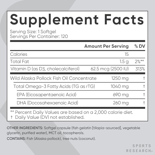 Sports Research® Omega-3 Fish Oil 1250mg + D3 2500iu, 120 Count|B0CJN39FTK