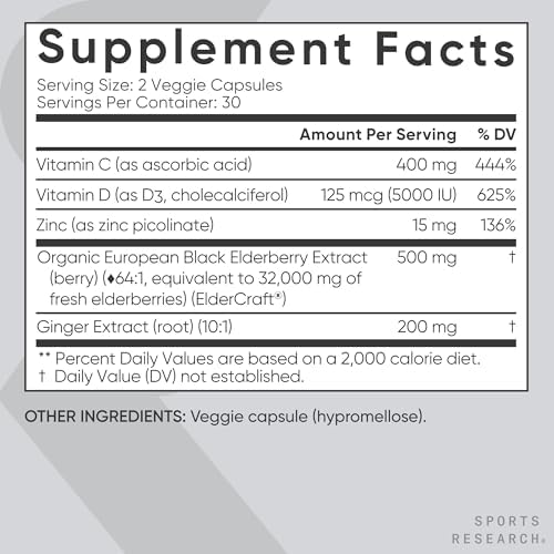 Sports Research® Elderberry Immunity Formula w/Zinc, 60 Count|B0861HZD7G