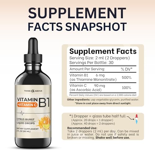 Vitamin B1 + Vitamin C Liquid Drops - Energy & Immune Support Supplement - 2 fl oz (60 ml) Pack of 2 - Fast Absorption, Easy-to-Use|B0CSZ5VJCC