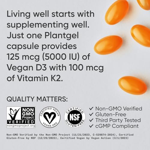 Sports Research Vitamin D3 K2 with 5000iu of Plant-Based D3 & 100mcg of Vitamin K2 as MK-7, Non-GMO Verified & Vegan Certified - 160 Liquid Softgels|B0BRLB87VZ