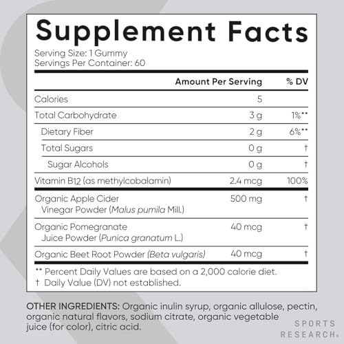 Sports Research® Organic Apple Cider Vinegar Sugar-Free Gummies, 60 Count|B08BJD6KT7