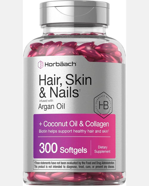 Hair Skin and Nails Softgels – Biotina, Colágeno, Aceite de Argán y Coco – Horbaach