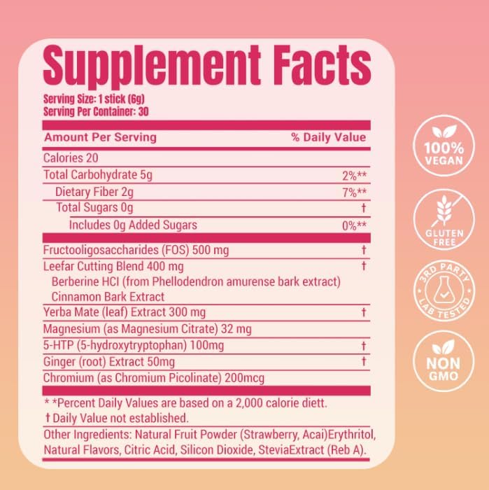 Cutting Drink Mix - Berberine, 5-HTP & Yerba Mate for Satiety Signaling, Metabolism & Gut Health - Strawberry Açaí Flavored, 30 Count|B0GZW5BBG8