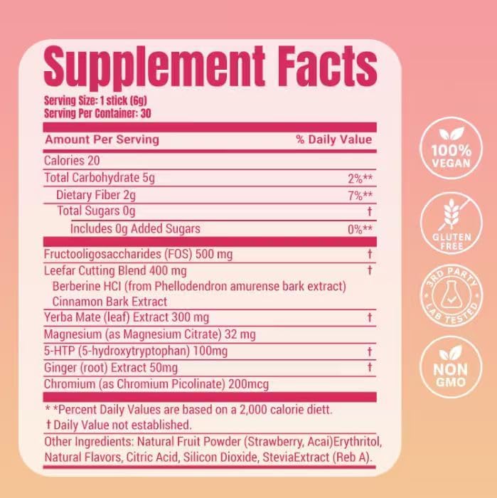 GLP-1 Support Drink Mix with Berberine, 5-HTP, Yerba Mate, Chromium and Prebiotic Fiber, Satiety, Metabolism and Gut Health Support, Strawberry Açaí, 30 Stick Packs|B0H4LX51KL