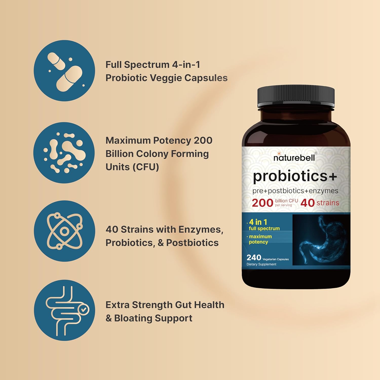 Probiotics+ Probióticos 200 Mil Millones UFC por Porción - NatureBell ⚡