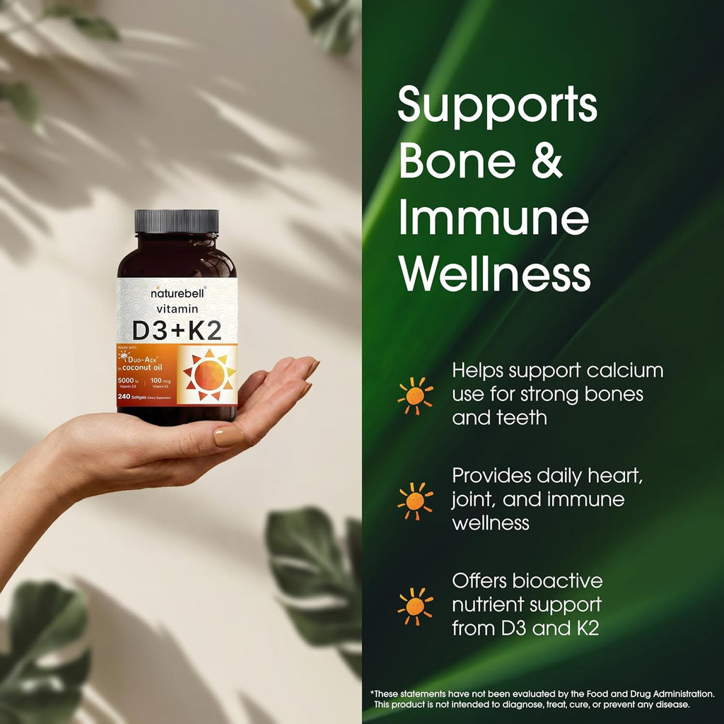 Vitamina D3 5,000 UI + K2 100 mcg con Aceite de Coco - NatureBell