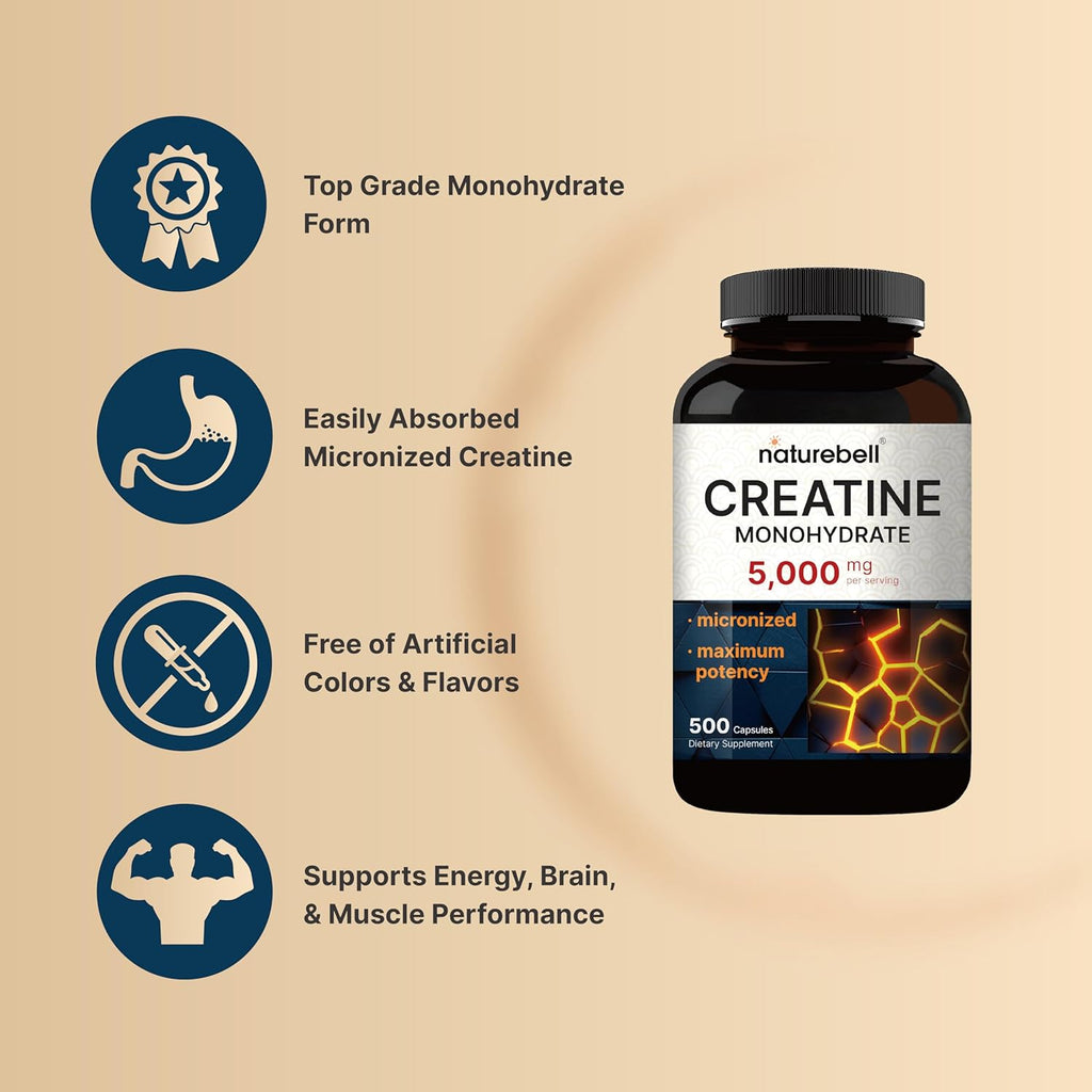 Creatina Monohidratada 5.000 mg por porción – 500 Cápsulas – NatureBell