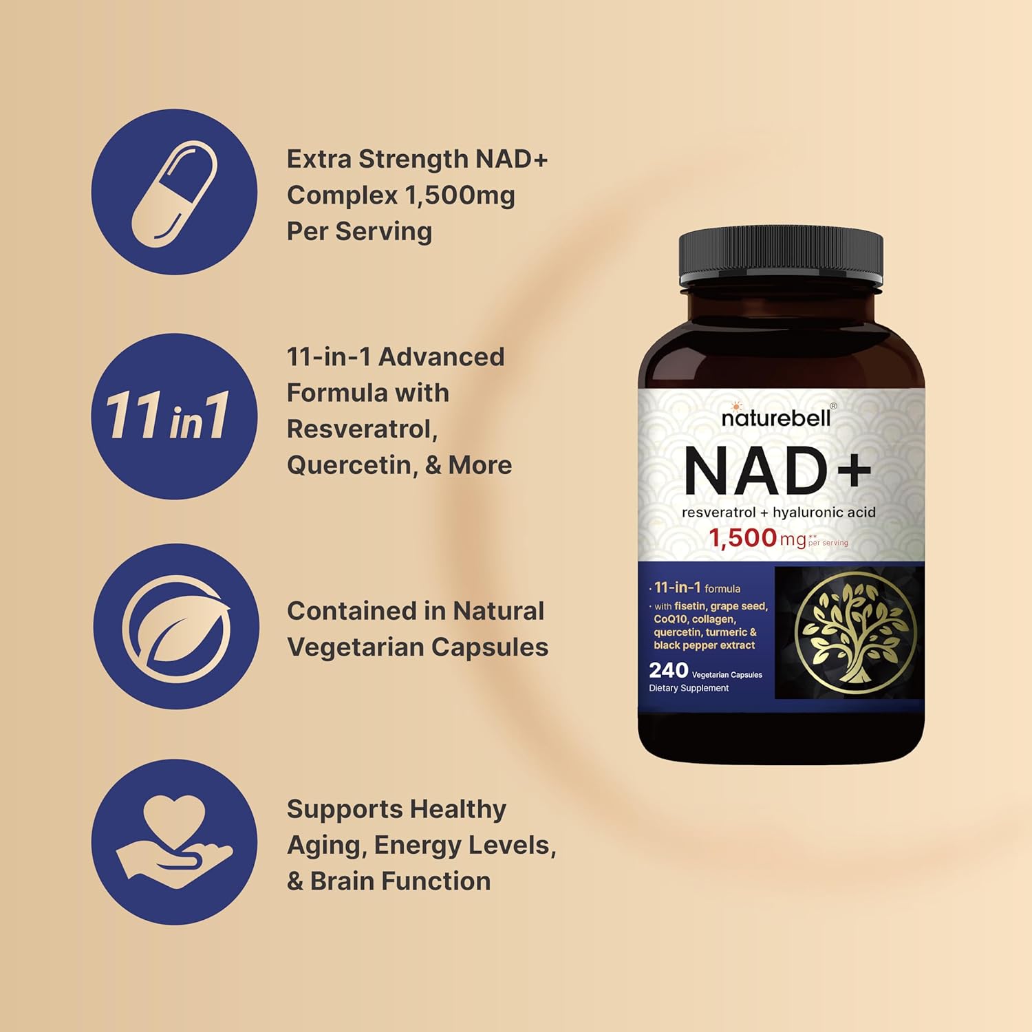 NAD+ 1500 mg por porción – 240 Cápsulas Vegetales – NatureBell