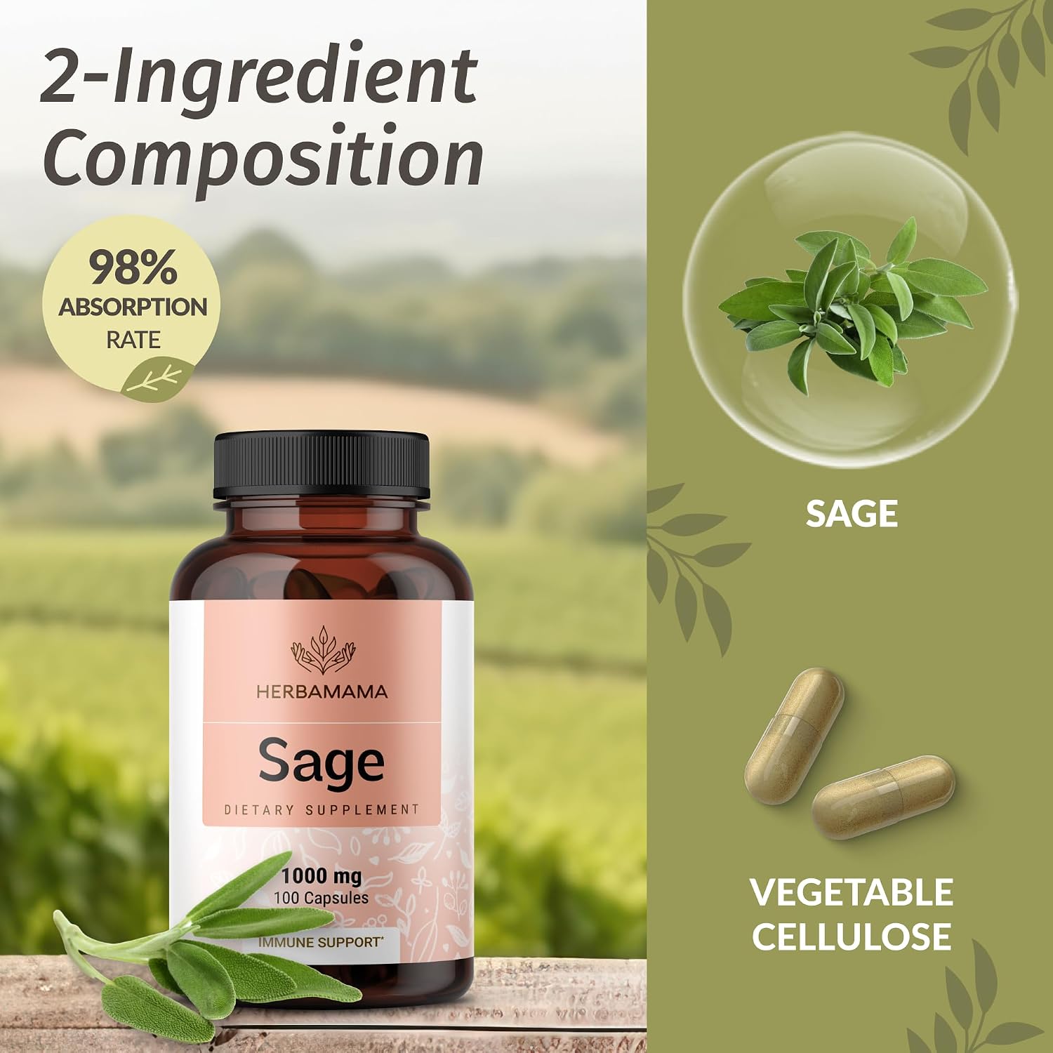 Cápsulas de salvia 1000 mg de apoyo natural digestivo e inmunológico - Antioxidante vegano - HERBAMAMA
