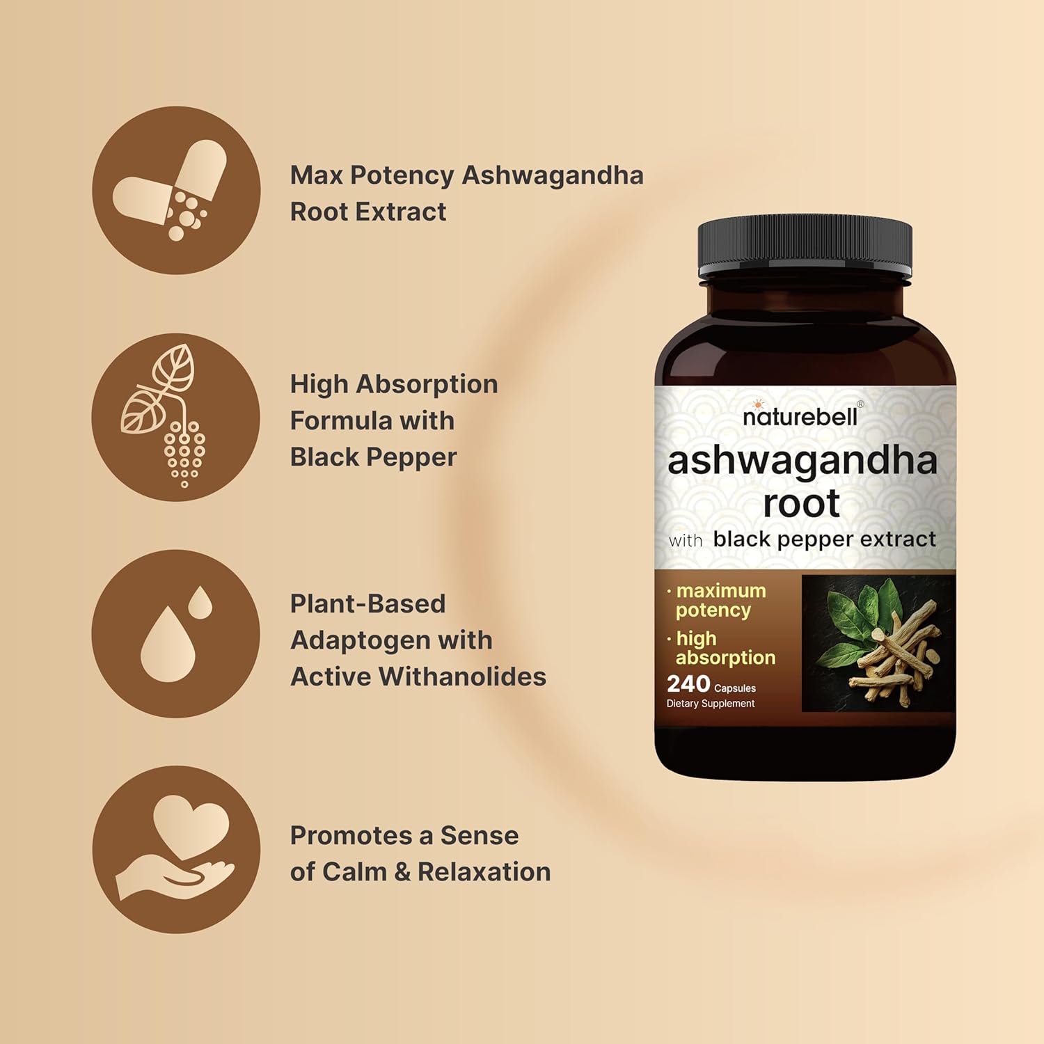 Ashwagandha 12.500 mg Equivalente con Pimienta Negra – 240 Cápsulas – NatureBell