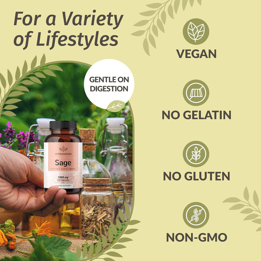 Cápsulas de salvia 1000 mg de apoyo natural digestivo e inmunológico - Antioxidante vegano - HERBAMAMA