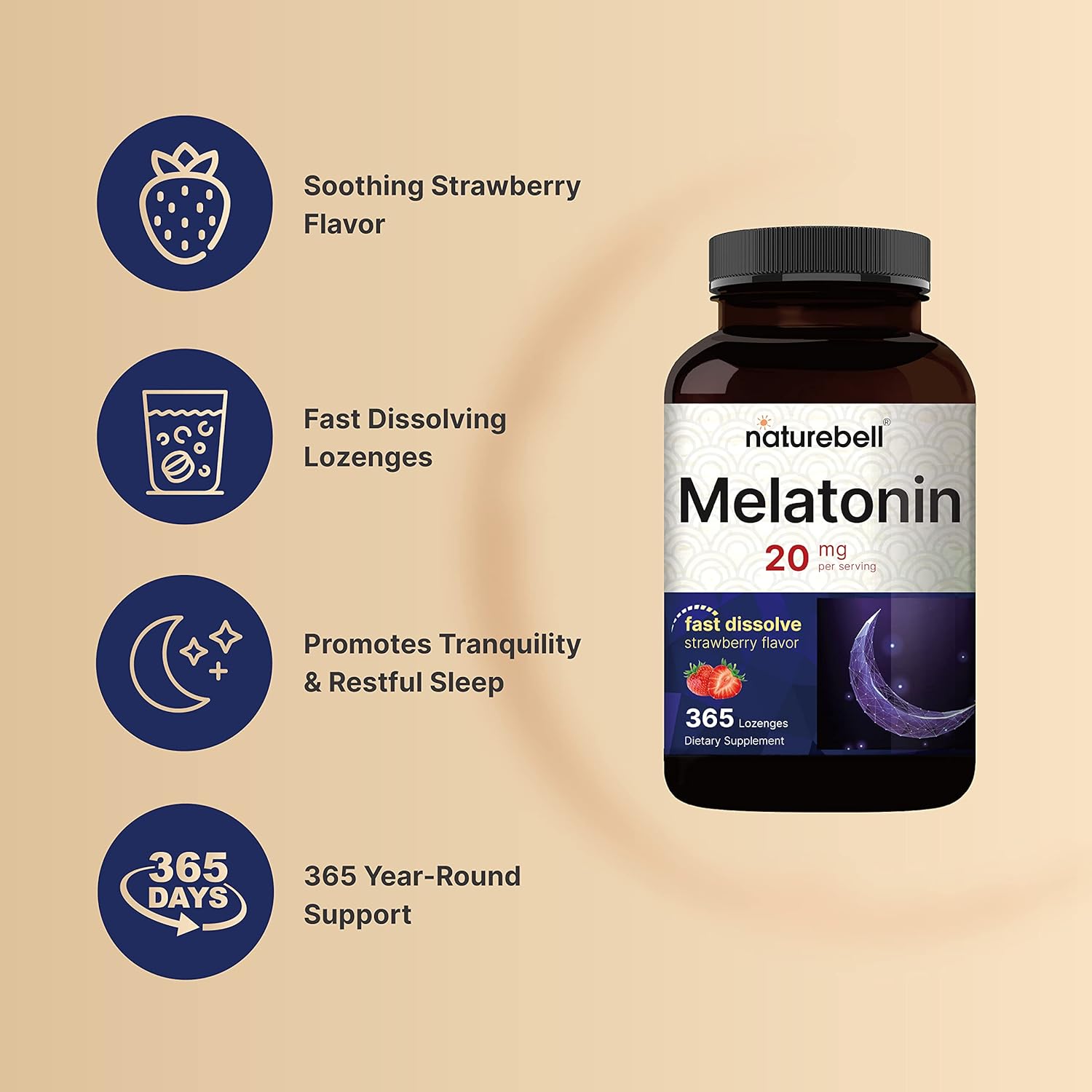 Melatonina 20 mg - 365 Tabletas de disolución rápida - NatureBell ⚡