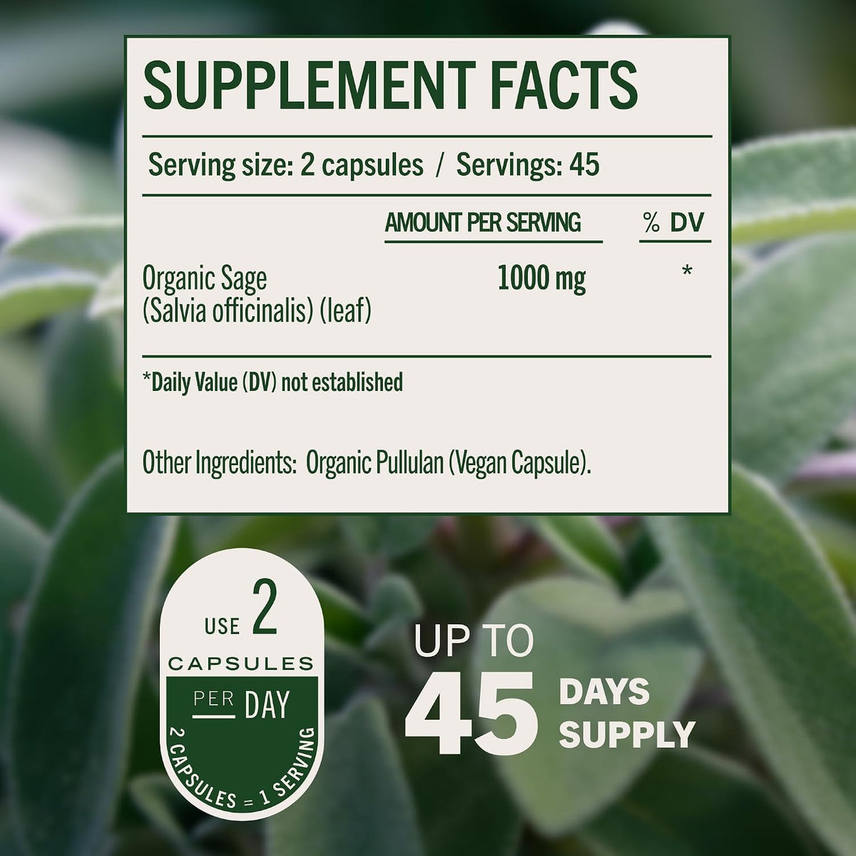 Cápsulas de salvia 1000 mg de apoyo natural digestivo e inmunológico - Antioxidante vegano - HERBAMAMA